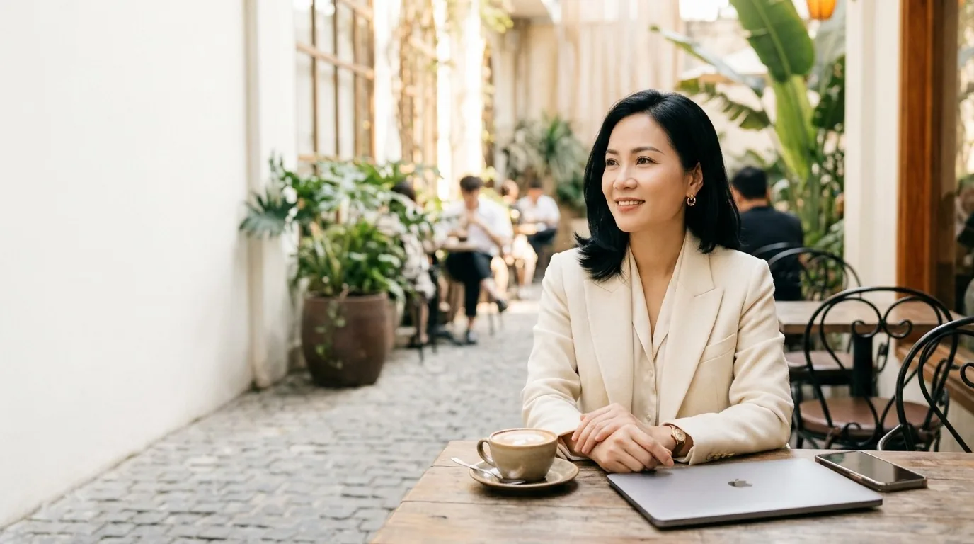 Chủ doanh nghiệp thư thái ở quán cà phê, điện thoại úp trên bàn