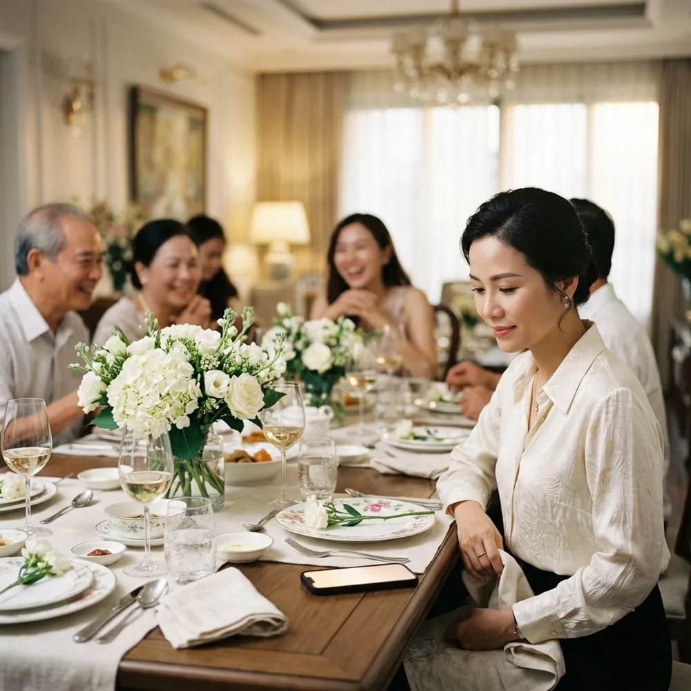 Chủ doanh nghiệp lén nhìn điện thoại giữa bữa cơm gia đình